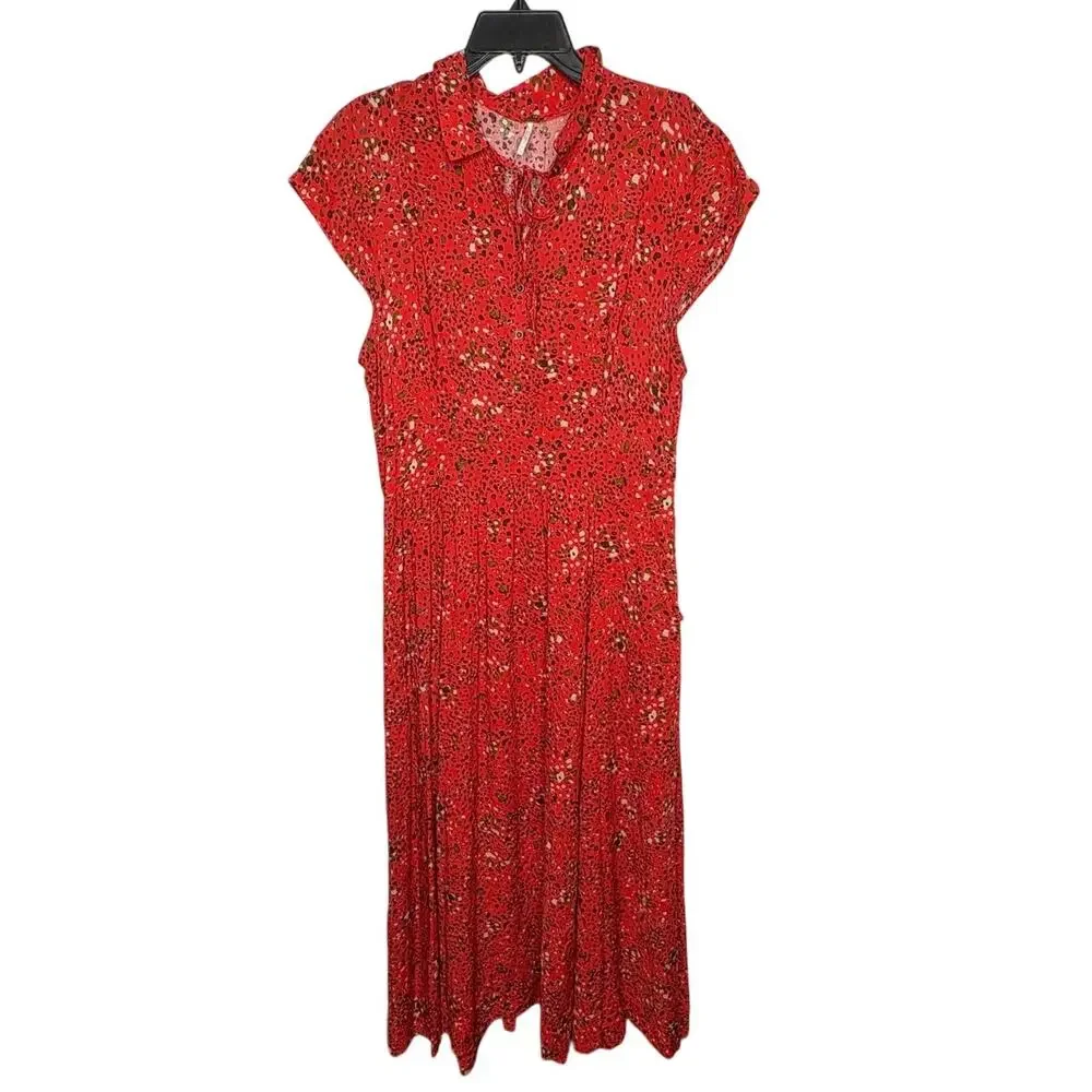 Free People 40's Print Midi Button Up Cap Sleeve Red Lined Shirt Dress Size 12
